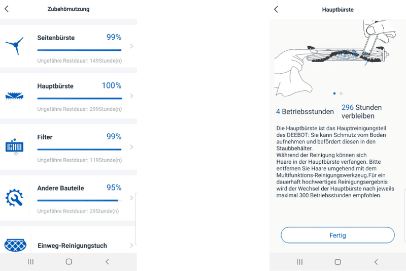 Wartungshinweise der einzelnen Komponenten des Ecovacs Deebot N8 PRO+ in der Ecovacs Home App